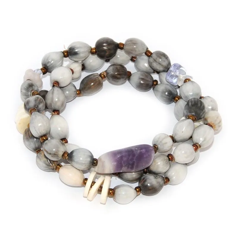 3 separate bracelets with Zulu seeds, tumbled amethyst, ostrich eggshell, and Czech glass beads - BRE90B