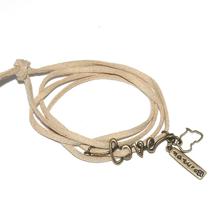 Antique brass and beige suede 'love nature' wrap - BRLN03A