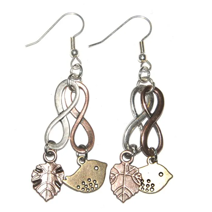 Infinity loops with leaf and bird charms earrings - ERLN27
