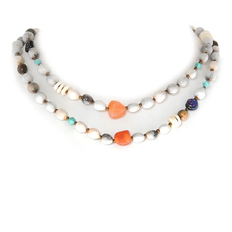 Zulu "teething beads" necklace with tumbled Carnelian stones, ostrich eggshell and Czech glass - NWE90D