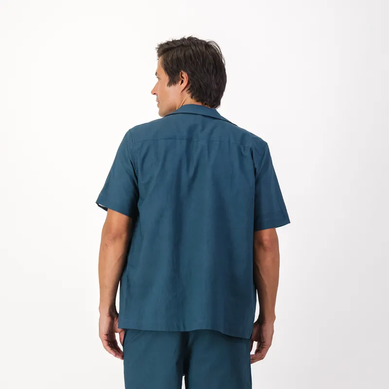 Mens Short Sleeve Revere Collar Shirt | Plain / Teal - Image 3