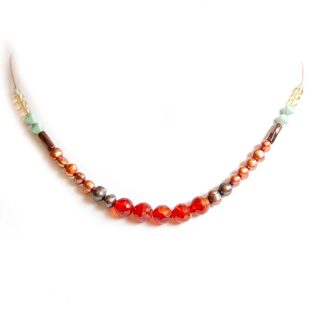 A classic facetted Carnelian freshwater pearls and Czech glass bead necklace - NWAL02