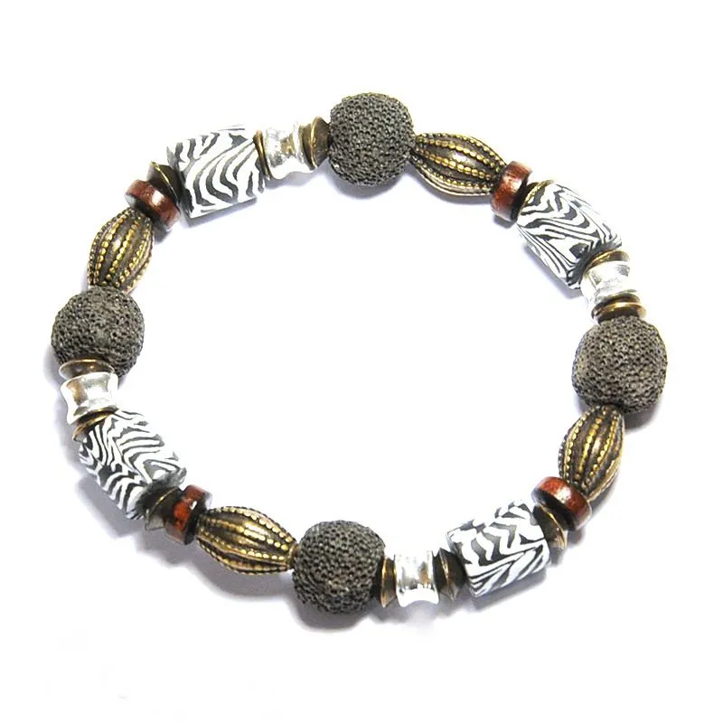 Zebraskin polymer clay, wood, lava and antique brass bracelet - BRE111