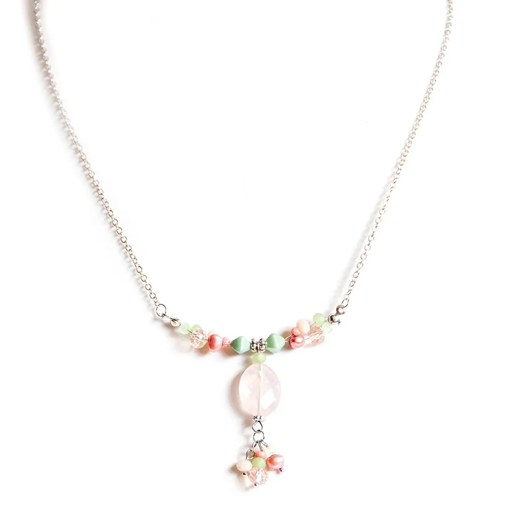Facetted Rose Quartz with clustered freshwater pearl necklace - NWPR02