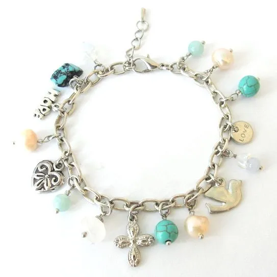 Christian symbols with freshwater pearls and semi precious and other stones - BRCH04