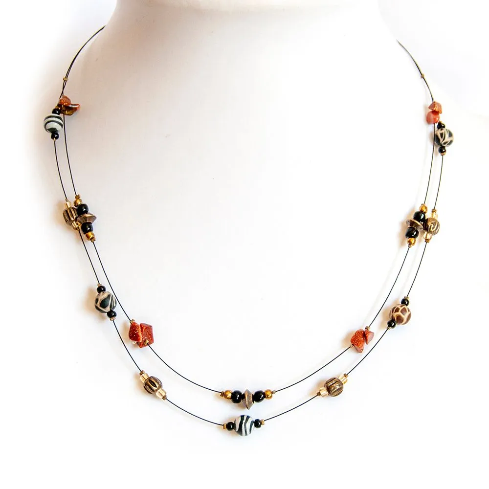 Double strand black nylon coated wire necklace with assorted gemstones chips - NWAS01