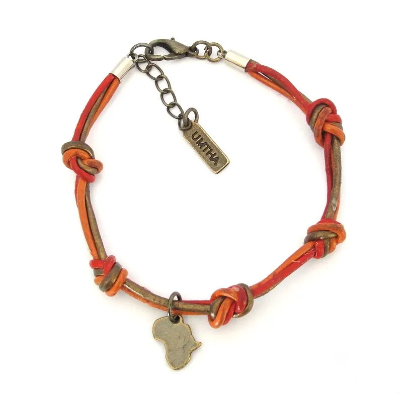 Knotted 3 colour strand leather with Antique brass Africa bracelet - BRBN07