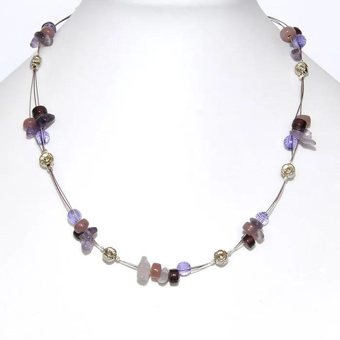 Amethyst chips and glass with metal spiral beads on triple tigertail wire - NWG06