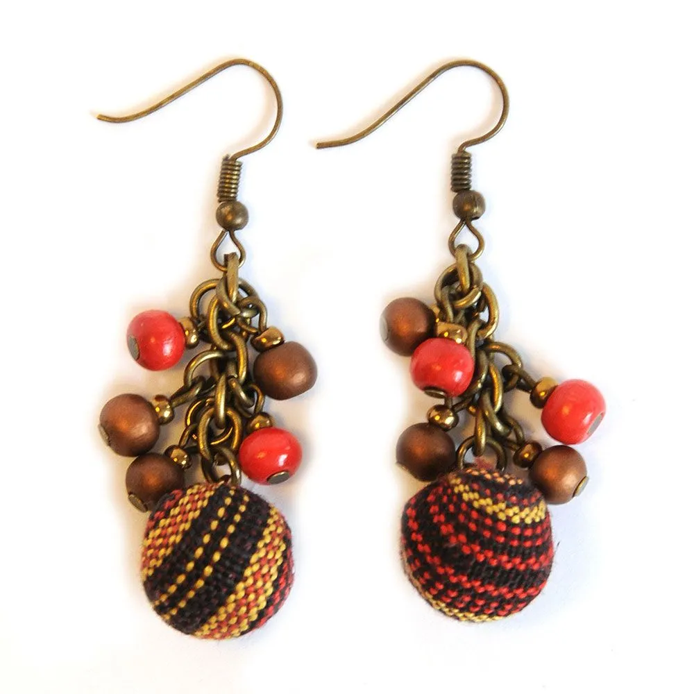 Fabric baubles with wood on chain drop - ERE176