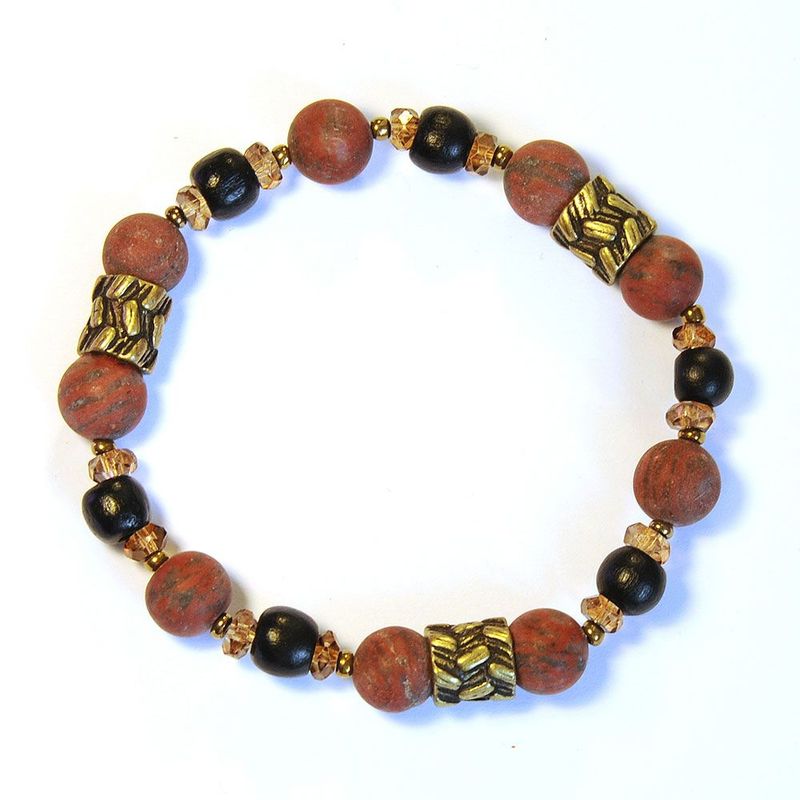 Sesame jasper, wood, glass and antique brass bracelet - BRE182