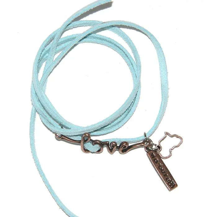 Silver coloured metal and turquoise suede 'love nature' wrap - BRLN03B