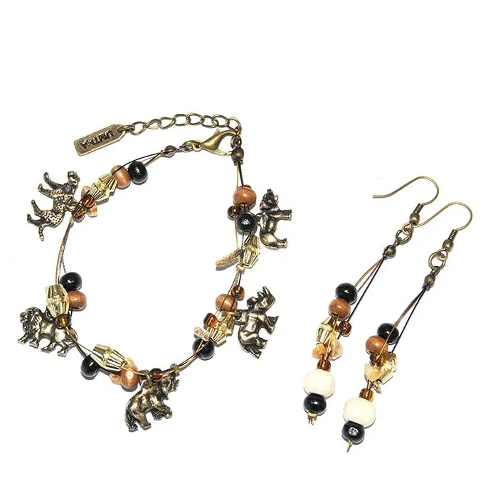 Animals Big 5 bracelet and earring set with fimo, wood and semi-precious chips - BEE32