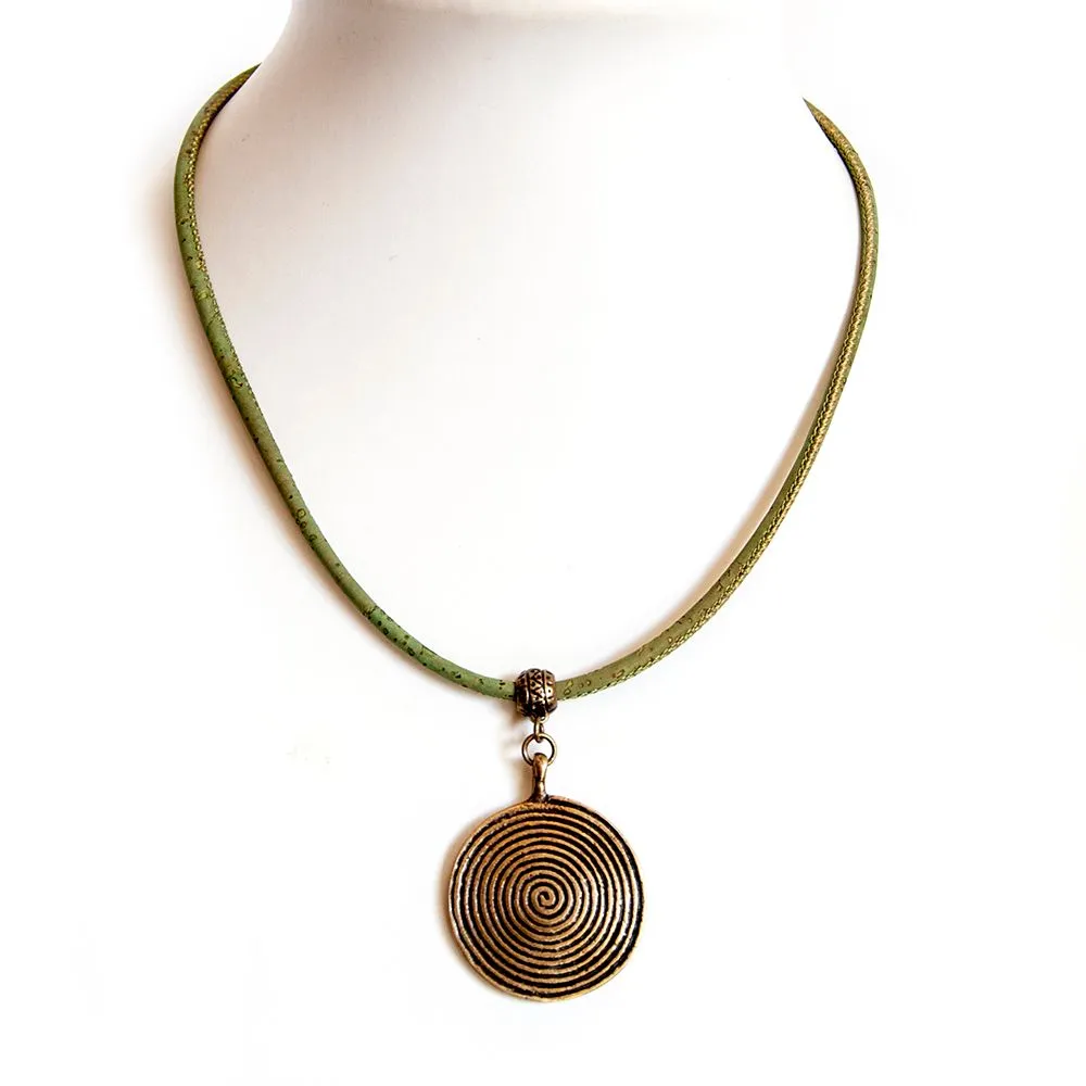 Green cork necklace with antique brass pendant with spiral design - NWAS15