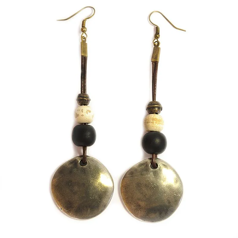 Rustic pewter disc earrings contrasting the dark wood and antique brass beads -  ERE172