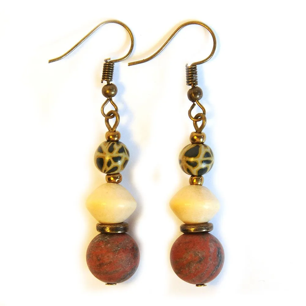 Sesame jasper with wood and leopard polymer clay earrings - ERE182F