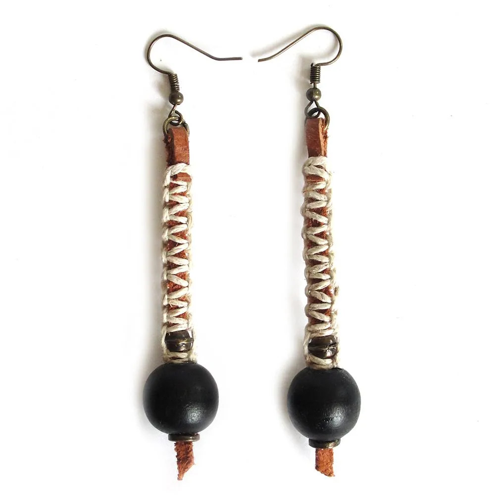 Tan leather with hemp macrame feature and black wood - ERAS16