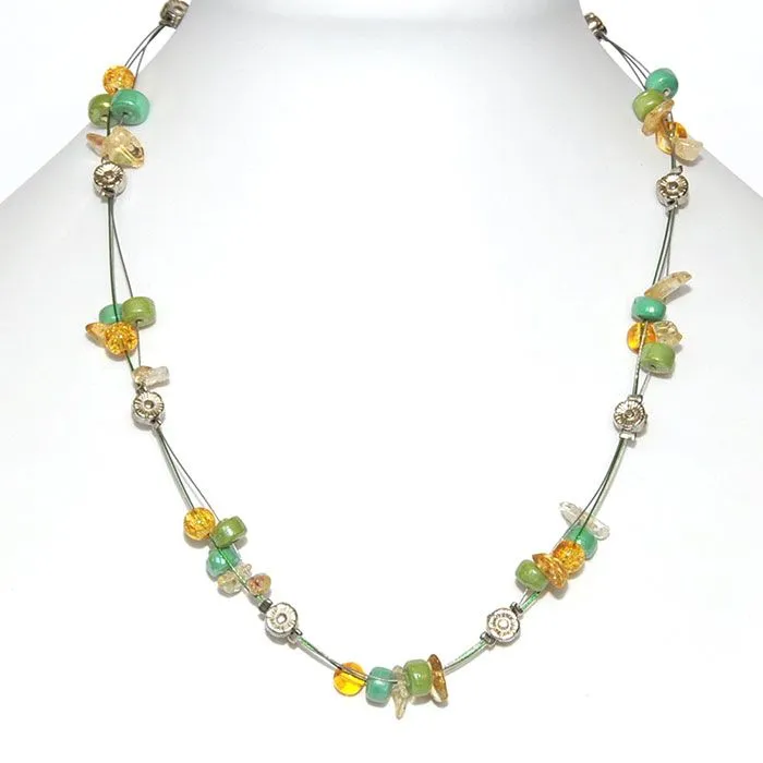 Citrine chips & glass necklace with metal daisy beads on triple tigertail wire - NWG07