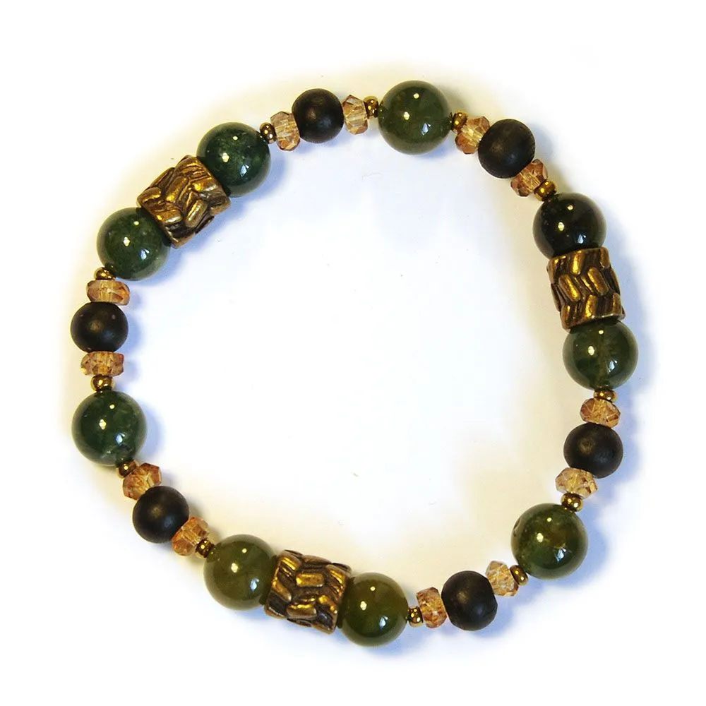 Moss agate with wood, glass and antique brass bracelet - BRE183