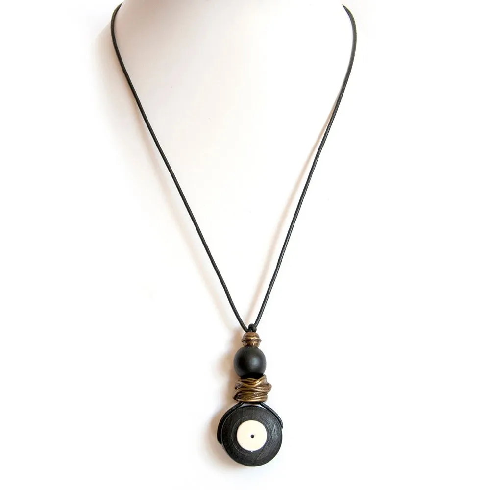 Black wooden pendant, with ostrich eggshell detail - NWAS10