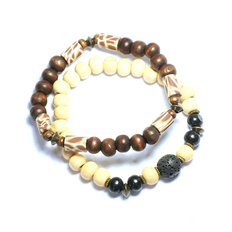 Two bracelet set - wood, lava stone and antique brass - BRM08