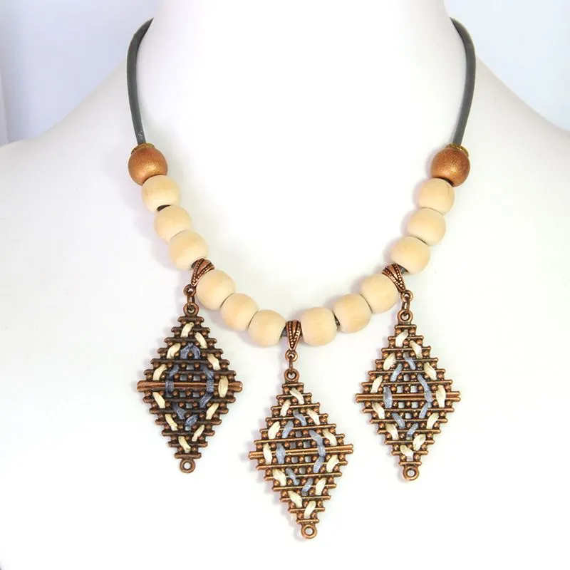 Grey leather with wooden beads and copper diamond-shaped castings - NWGM01