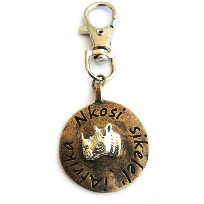 Rhino image on antique brass disc with bag clip attachment - BC05