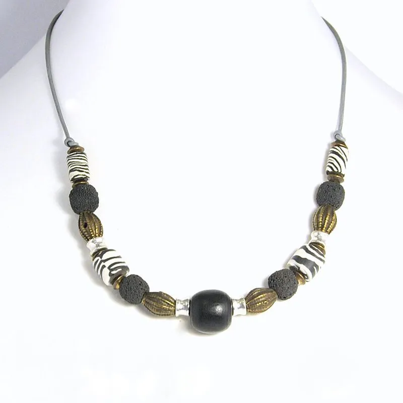 Zebraskin polymer clay, wood, lava and antique brass on metallic leather necklace - NWE111
