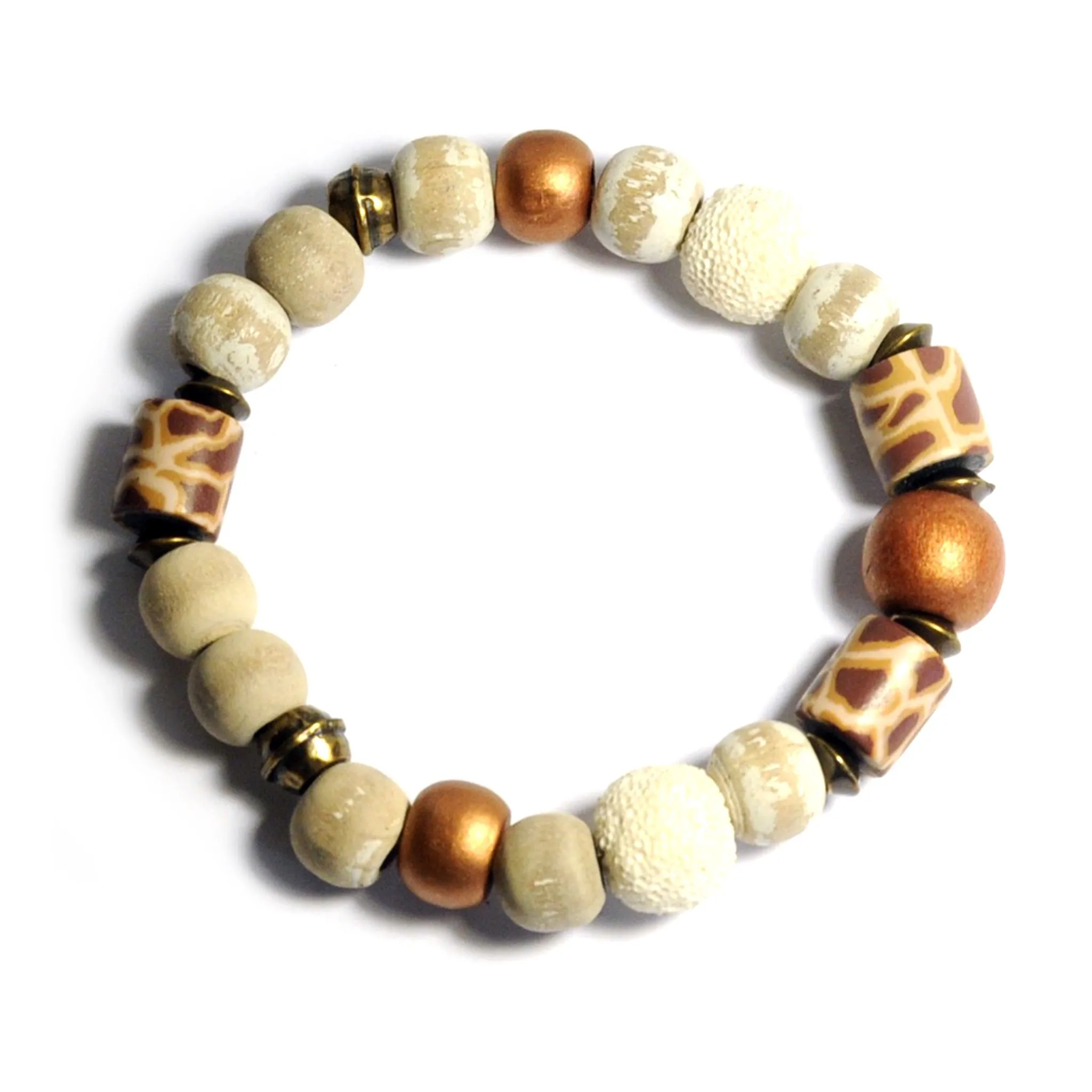 Elastic bracelet with wood, lava stone, polymer clay and antique brass - BRE163