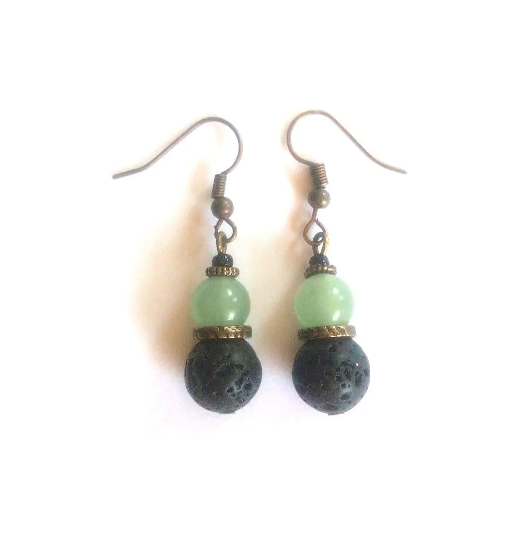 Black lava stone with green Aventurine earrings with antique brass - ERAS12