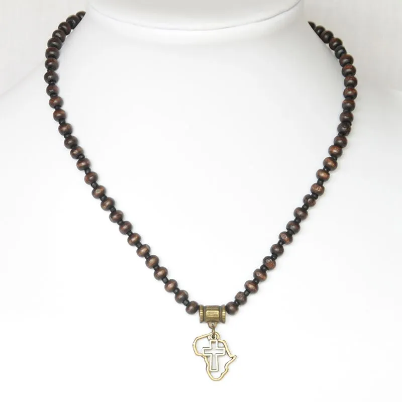 Dark brown wood cross necklace in Africa emblem - NWCB05