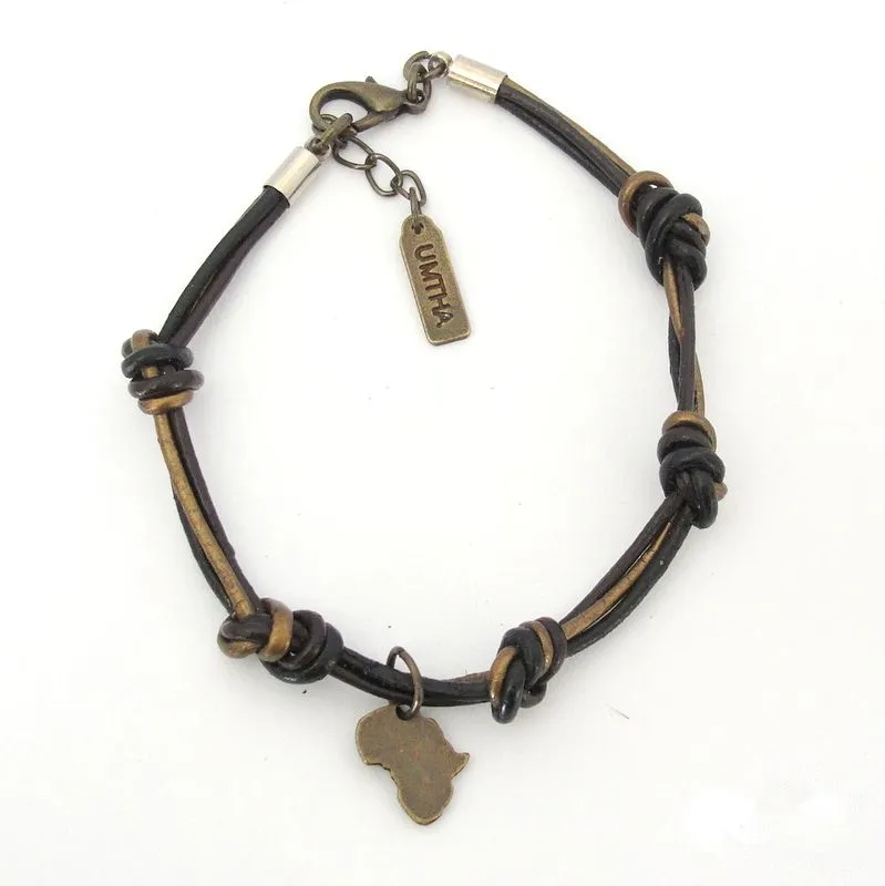 Knotted 3-strand leather with Antique brass Africa bracelet - BRBN07A