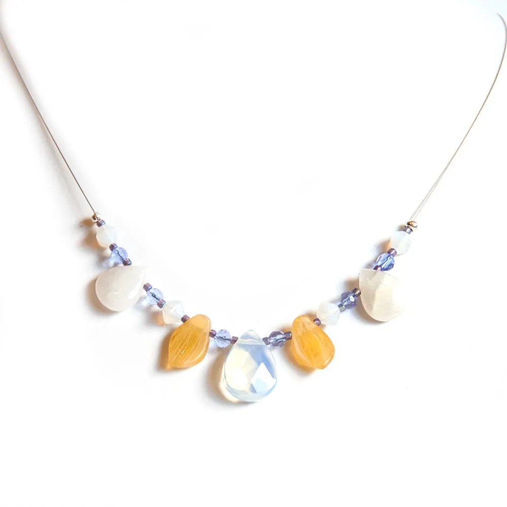 Delicate "petals" of opalite, white agate and Czech glass necklace - NWIR02