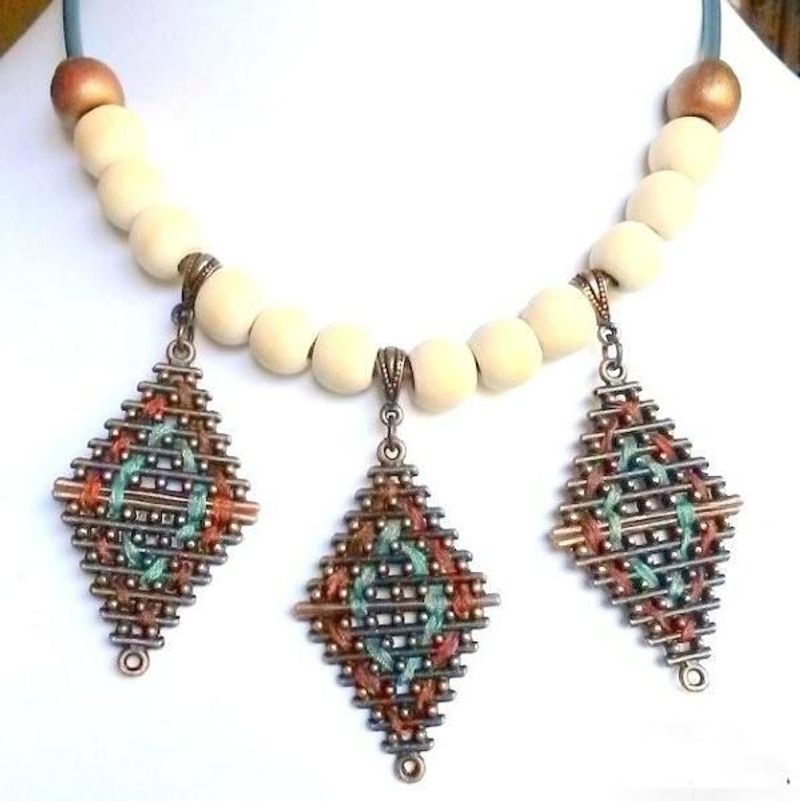 Grey leather with wooden beads and copper diamond-shaped castings - NWGM01A