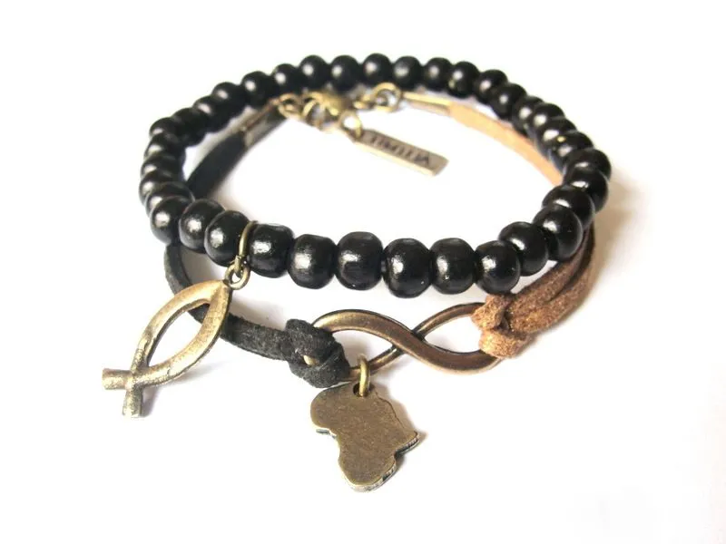 Set of 2 bracelets with antique brass fish symbol, infinity symbol and Africa map - BRE133A