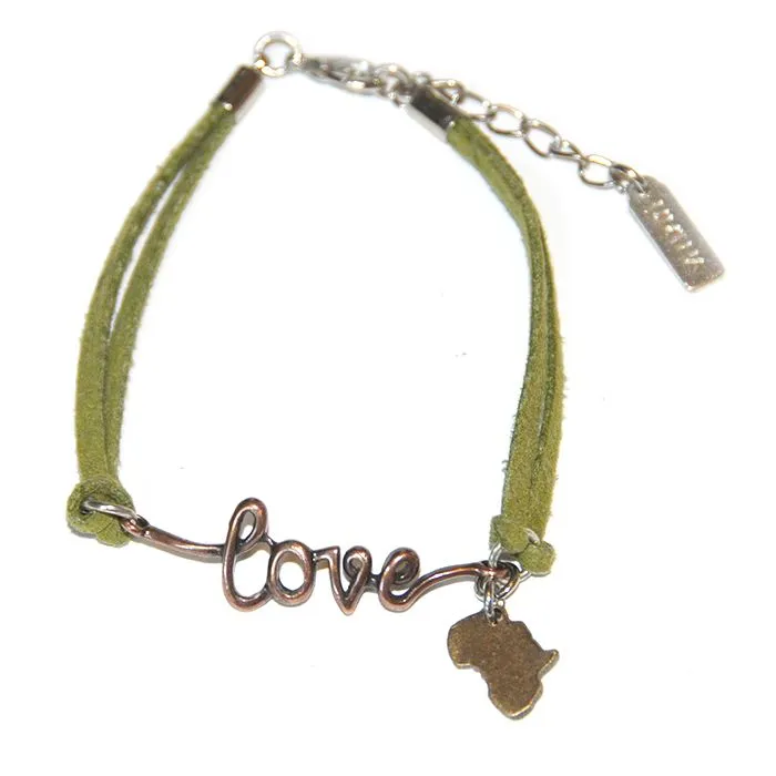 Antique copper metal "love" with olive green suede - BRLN40