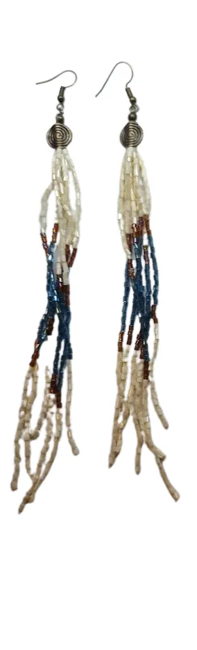 Earrings made with cream and blue bugle beads - ERAS17