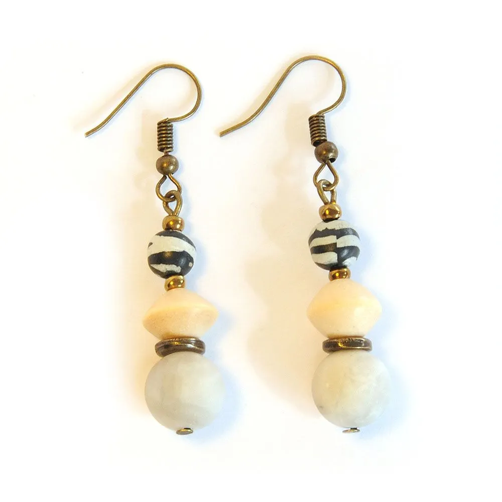 White agate and wood, with zebra polymer clay earrings - ERE181F