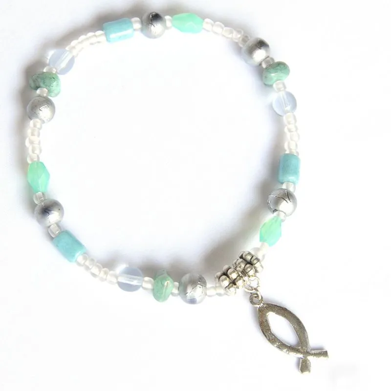 Selection of blue, silver grey and aqua coloured beads with fish symbol - BRSF20C