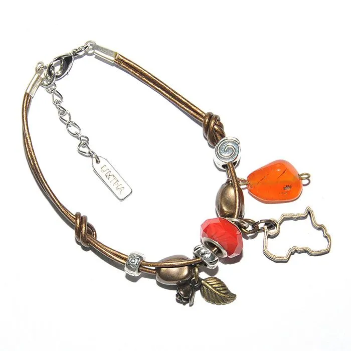 Metallic bronze leather bracelet with mixed metal, carnelian & pandora bead - BRK09F