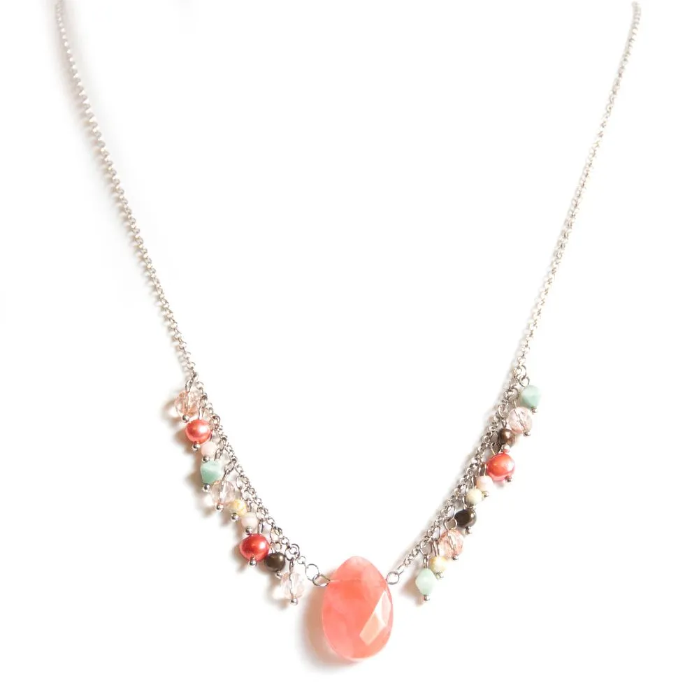Facetted cherry quartz pendant with freshwater pearls - NWPR01
