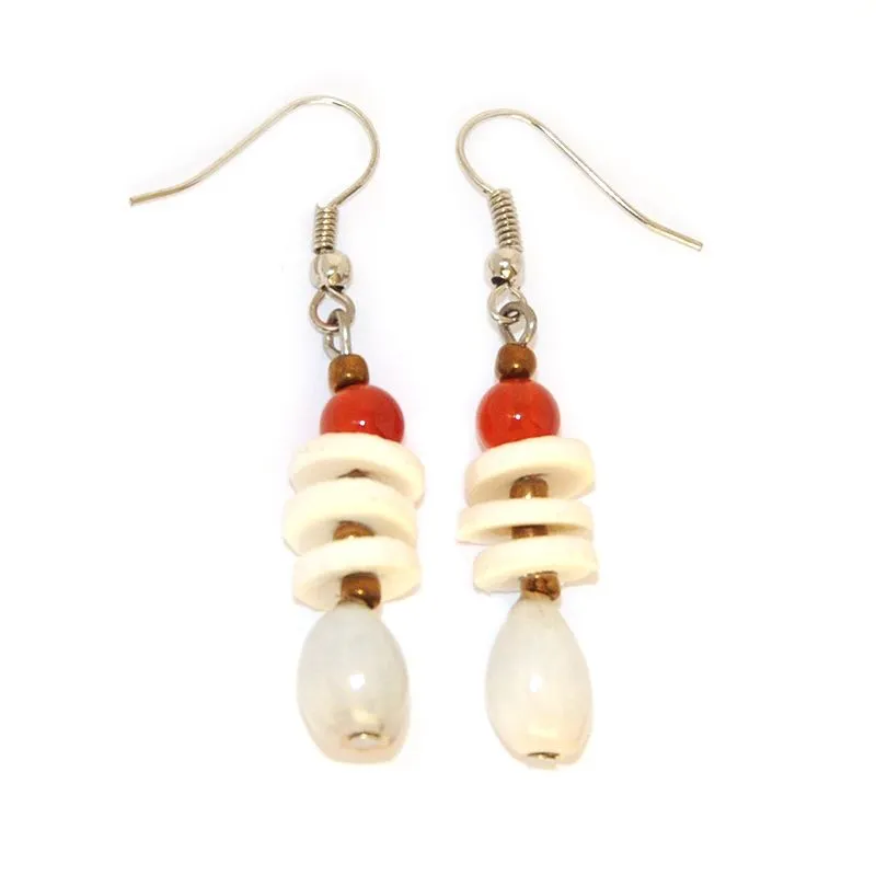 Zulu seeds earrings with ostrich eggshell and Carnelian stones - ERE90D
