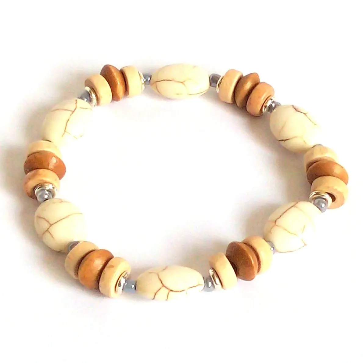 Howlite gemstone and wood bracelet - BRAS07