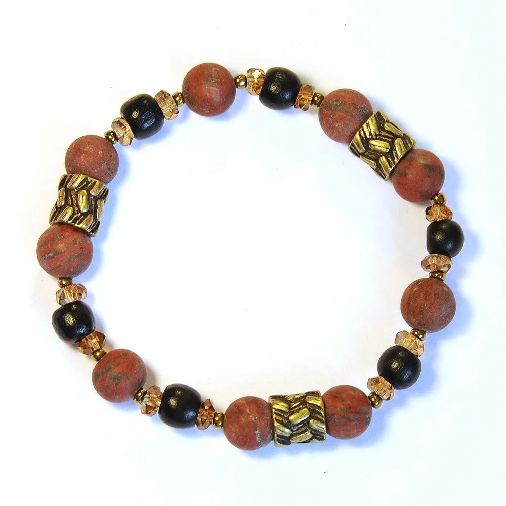 Sesame jasper, wood, glass and antique brass bracelet - BRE182