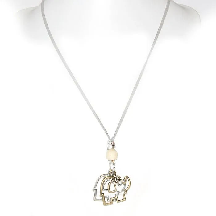Silver and antique brass coloured metal elephants on suede necklace - NWLN22