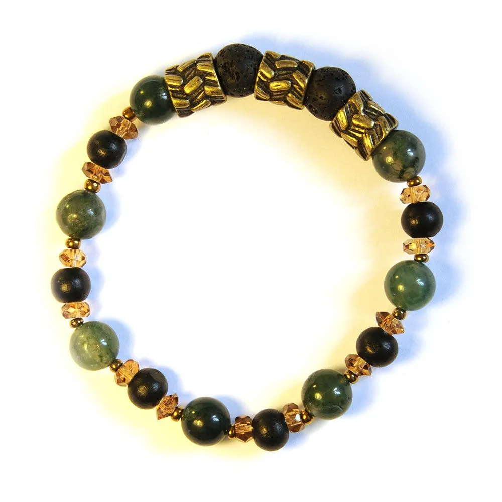 Antique brass feature highlighting moss agate and lava stone bracelet - BRE183L
