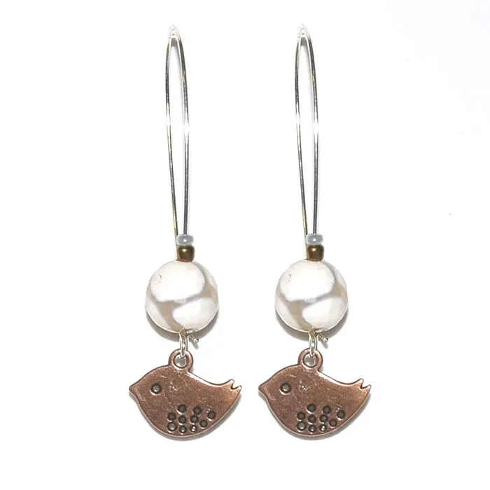 Teardrop hoops with Agate beads and copper plated twitter birds earrings - ERLN35A