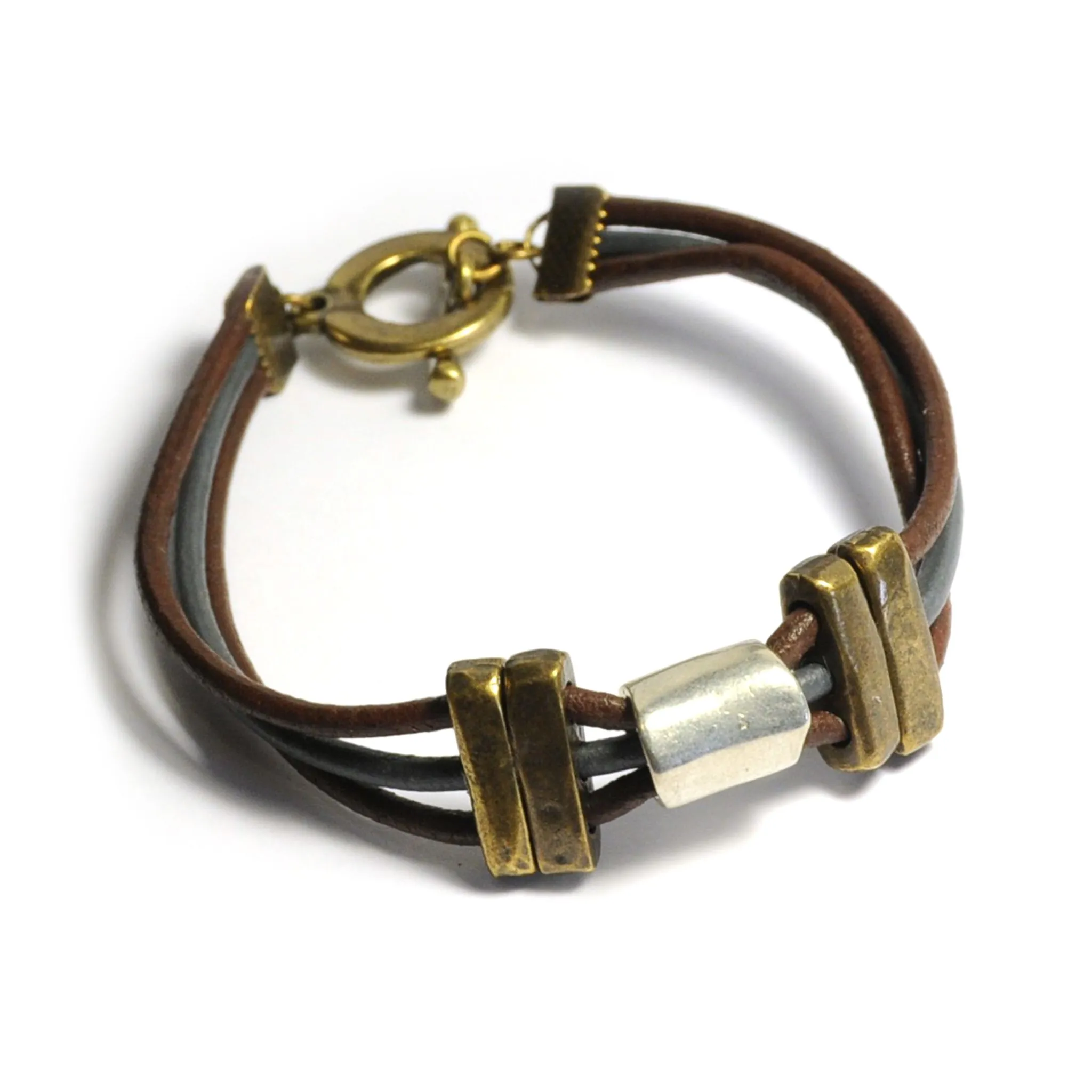 Leather bracelet threaded through antique brass metal and elegant silver feature - BRE173