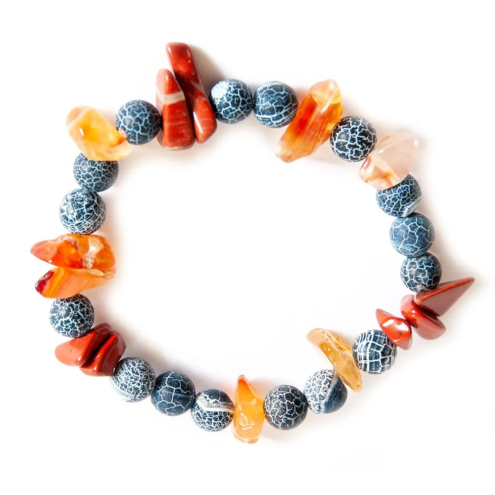 Black crackle agates with jasper and carnelian chip bracelet - BRAS02
