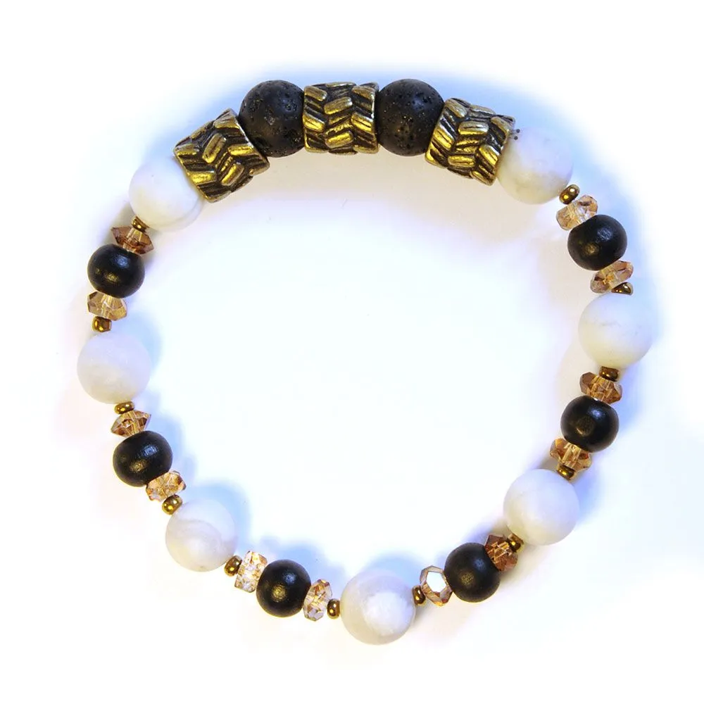 White agate and lava stone compliment this antique brass feature bracelet - BRE181L