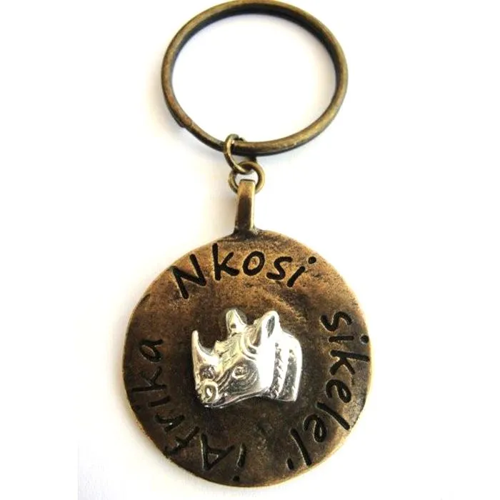 Rhino image on antique brass disc with keyring attachment - KR05